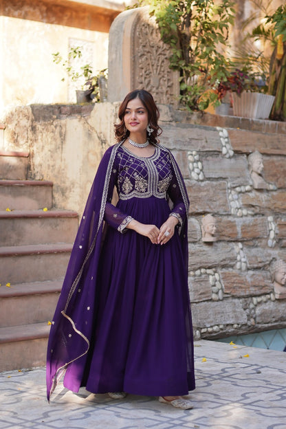 Maroon  Faux Blooming with Beads Embroidered Work Gown With Dupatta