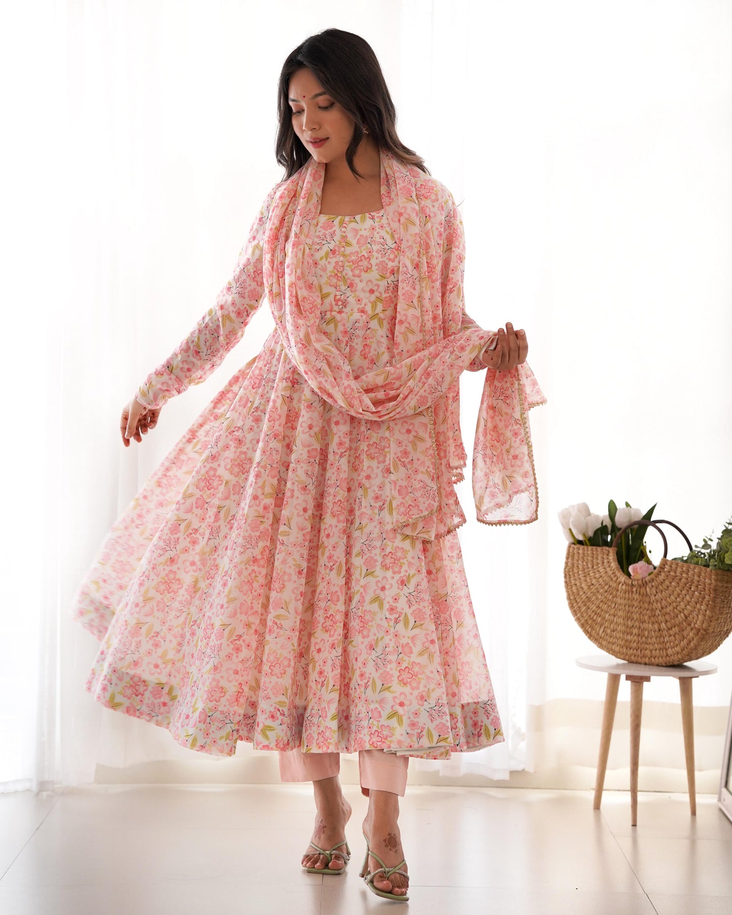 Pink Heavy Orange Chiffon with Floral Print 3pc Kurta Set
