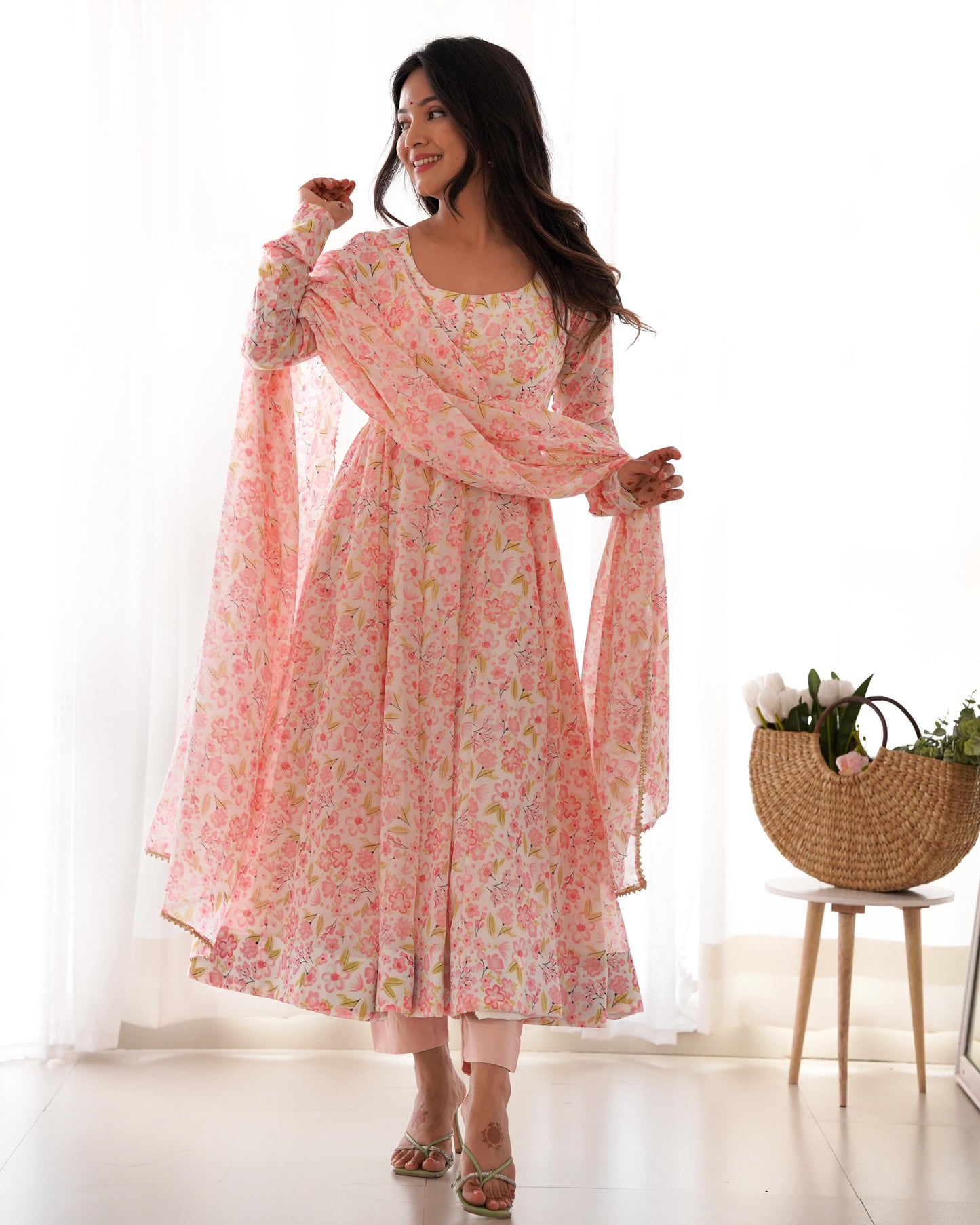 Pink Heavy Orange Chiffon with Floral Print 3pc Kurta Set