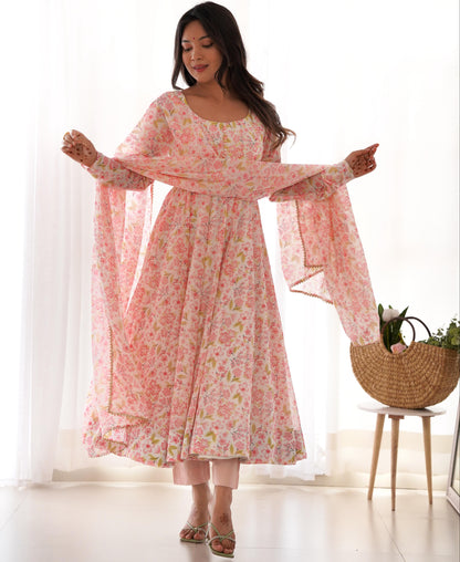 Pink Heavy Orange Chiffon with Floral Print 3pc Kurta Set