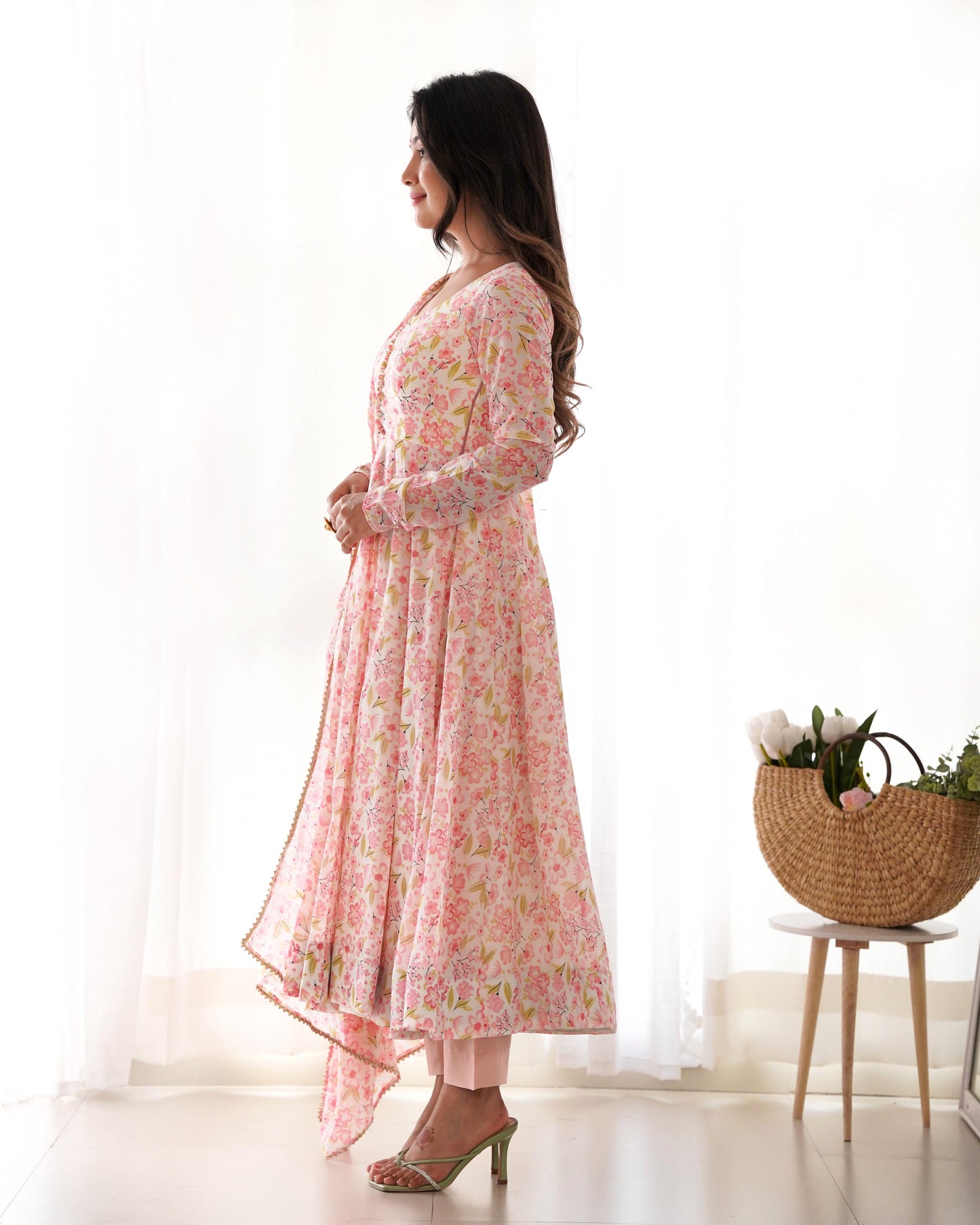 Pink Heavy Orange Chiffon with Floral Print 3pc Kurta Set