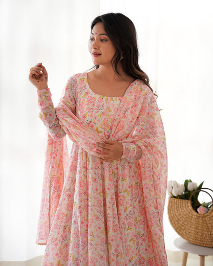 Pink Heavy Orange Chiffon with Floral Print 3pc Kurta Set