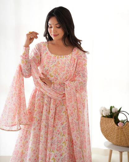 Pink Heavy Orange Chiffon with Floral Print 3pc Kurta Set