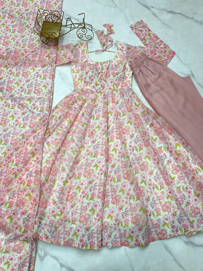 Pink Heavy Orange Chiffon with Floral Print 3pc Kurta Set