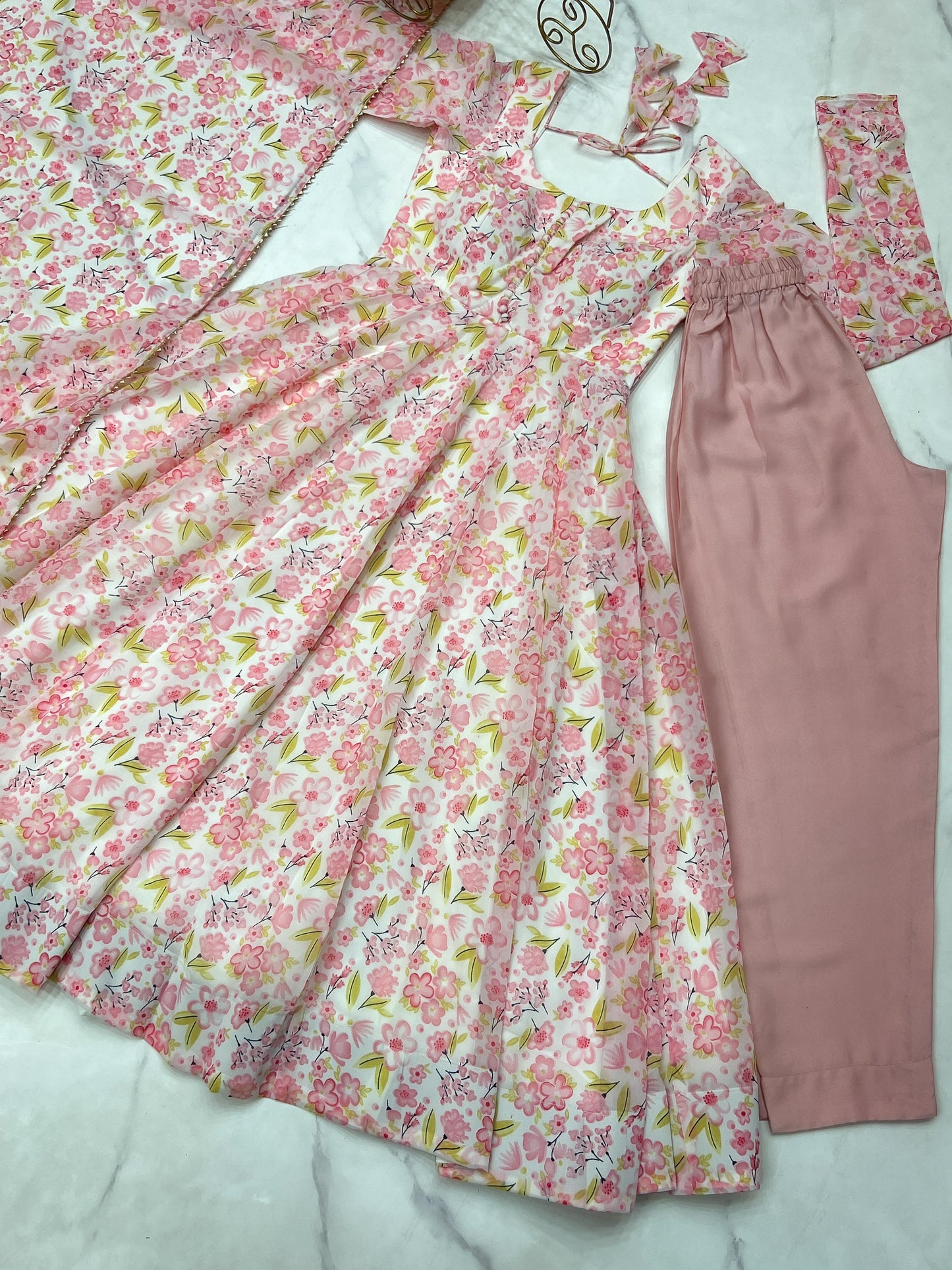 Pink Heavy Orange Chiffon with Floral Print 3pc Kurta Set