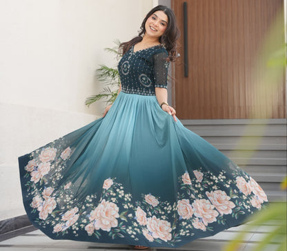 Rama Beads Embroidery With Floral Digital Print Gown