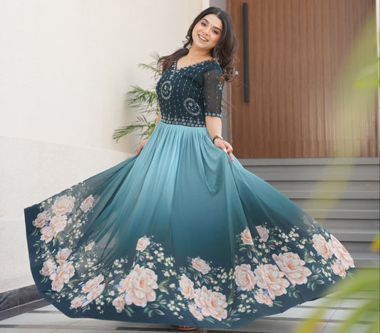 Rama Beads Embroidery With Floral Digital Print Gown