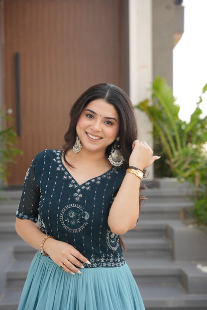 Rama Beads Embroidery With Floral Digital Print Gown