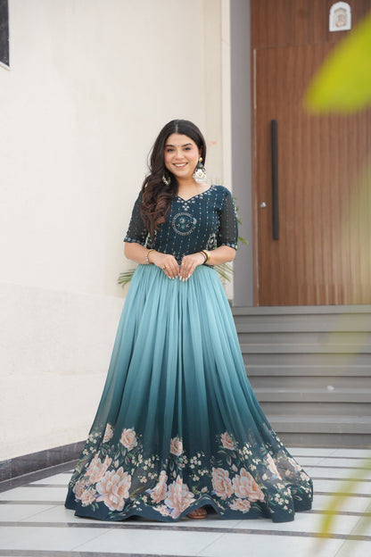 Rama Beads Embroidery With Floral Digital Print Gown