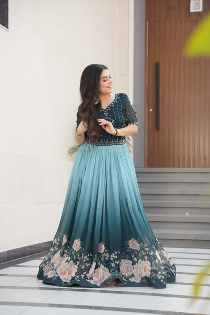 Rama Beads Embroidery With Floral Digital Print Gown