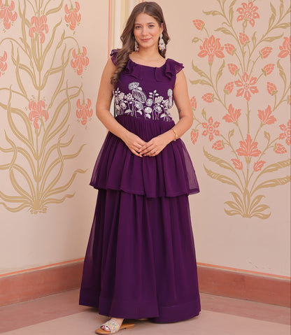 Designer Round Neck With Beads Embroidered Work Gown