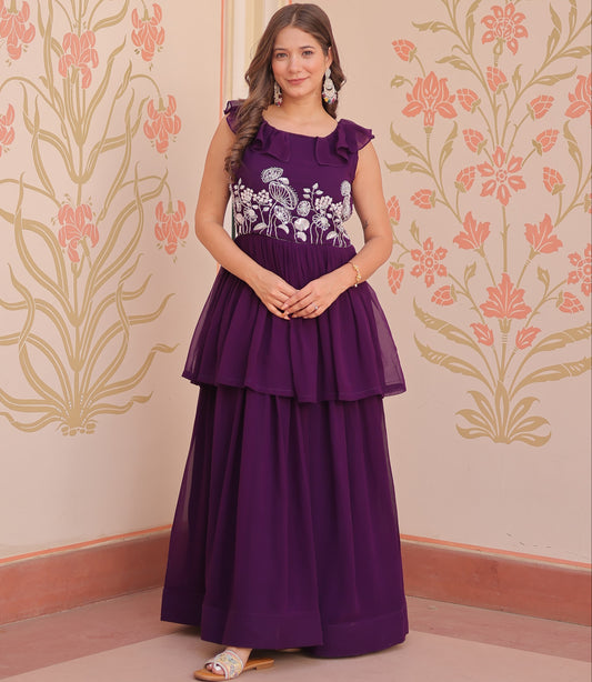 Designer Round Neck With Beads Embroidered Work Gown