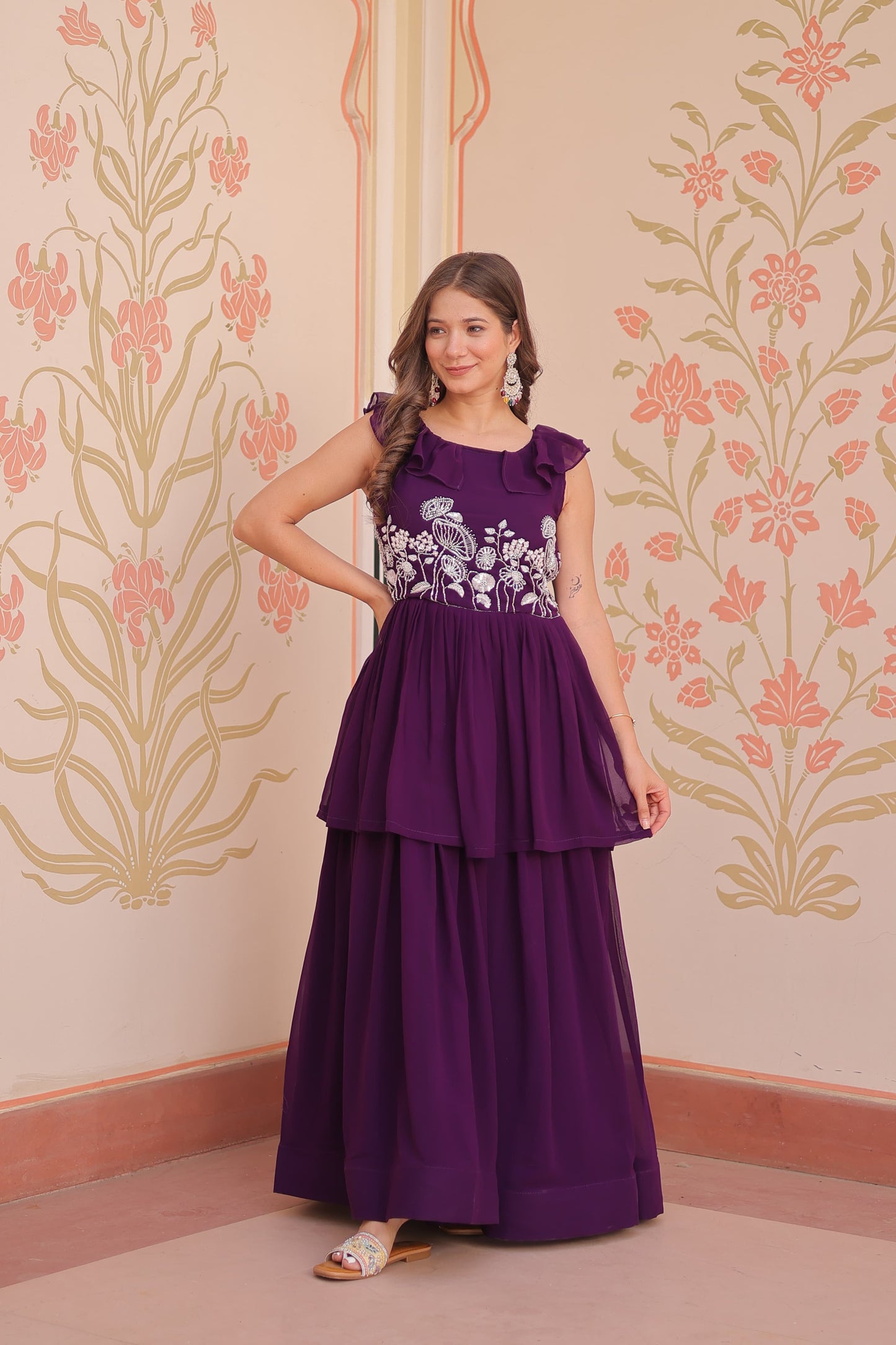 Designer Round Neck With Beads Embroidered Work Gown