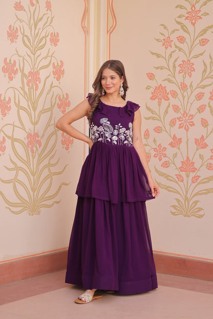 Designer Round Neck With Beads Embroidered Work Gown