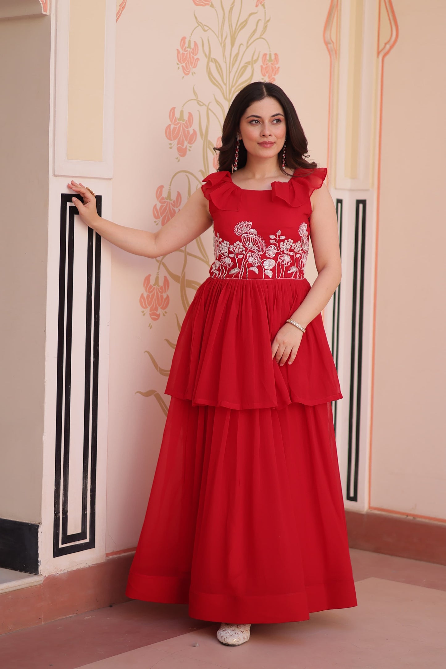 Designer Round Neck With Beads Embroidered Work Gown