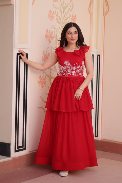 Designer Round Neck With Beads Embroidered Work Gown