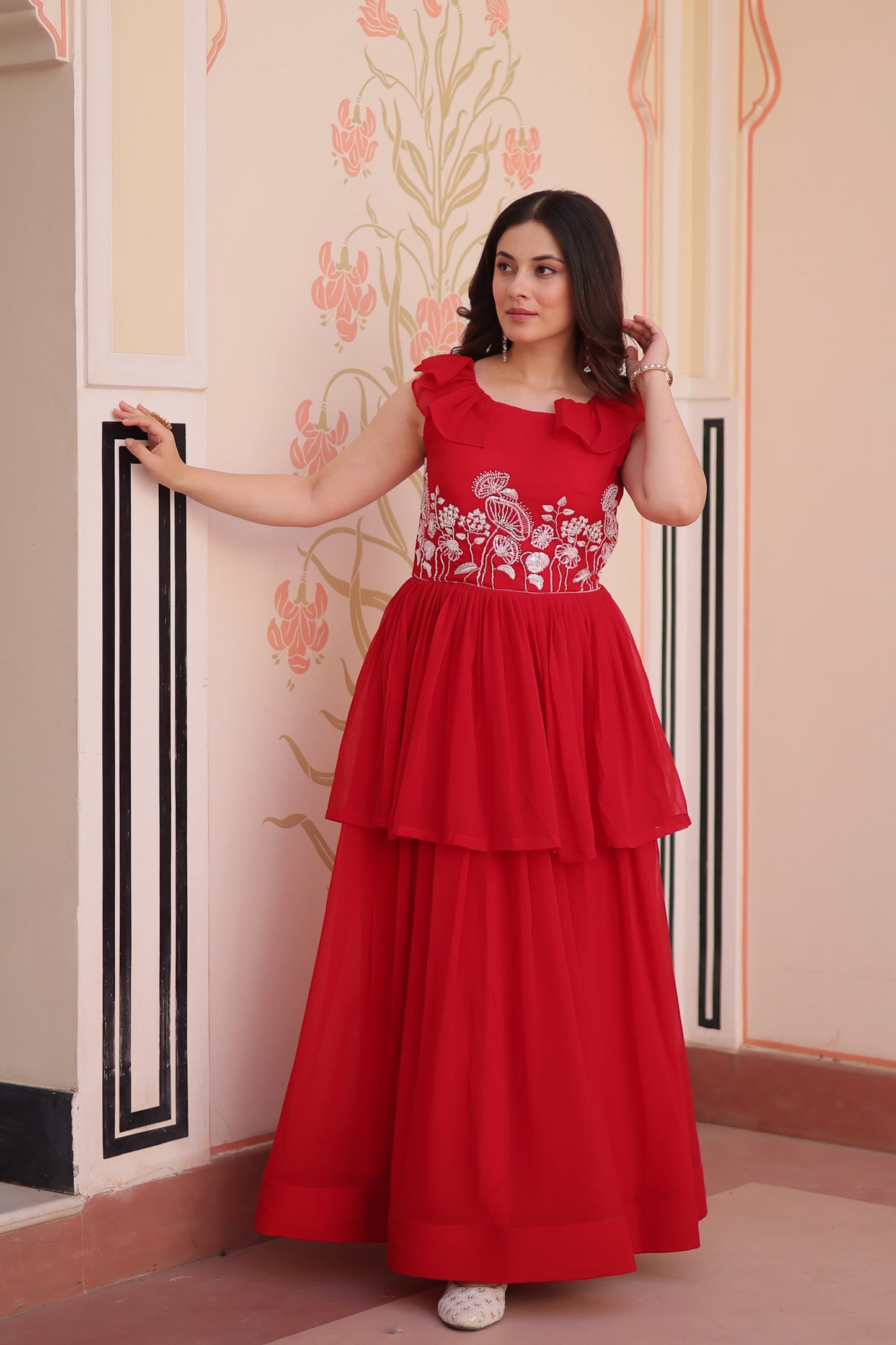 Designer Round Neck With Beads Embroidered Work Gown