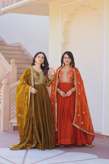 Mehendi Fendy With Zari & Sequins Gown With Dupatta