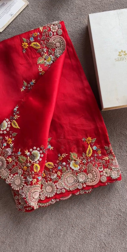 Red Faux Georgette Thread & Sequin Work Saree