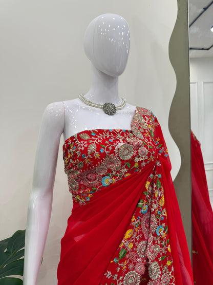 Red Faux Georgette Thread & Sequin Work Saree