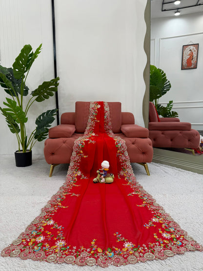 Red Faux Georgette Thread & Sequin Work Saree