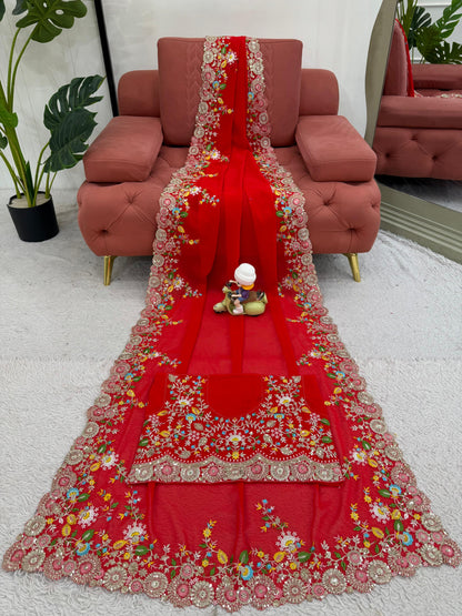 Red Faux Georgette Thread & Sequin Work Saree