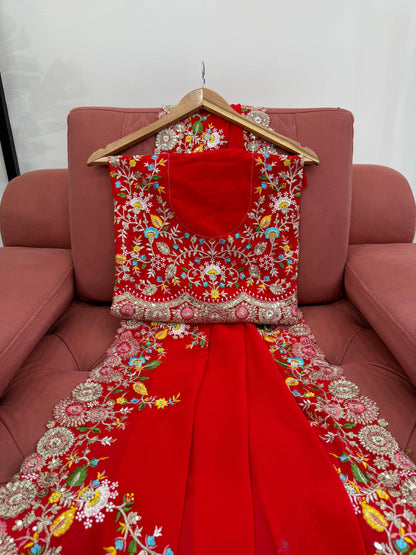 Red Faux Georgette Thread & Sequin Work Saree