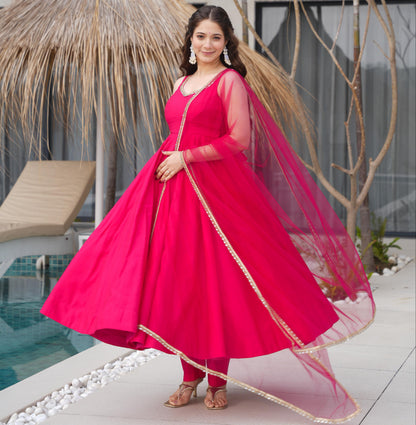 Rani Pink Pure Romansilk Chanderi 3pc Kurta Set