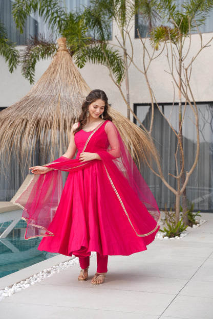 Rani Pink Pure Romansilk Chanderi 3pc Kurta Set