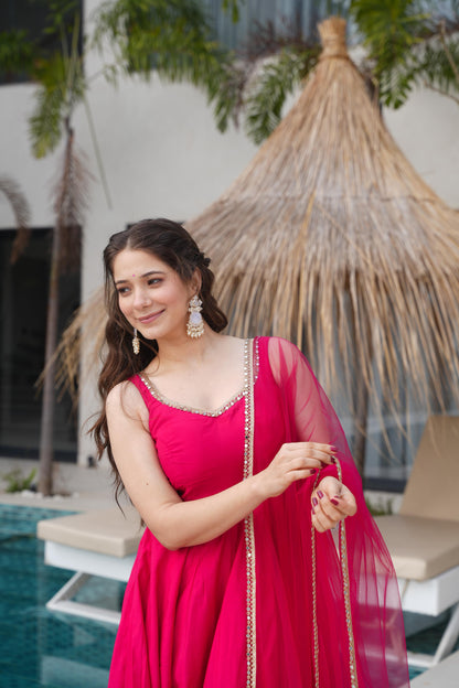 Rani Pink Pure Romansilk Chanderi 3pc Kurta Set