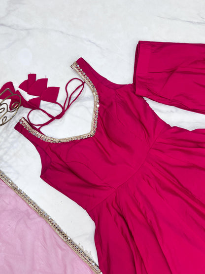 Rani Pink Pure Romansilk Chanderi 3pc Kurta Set