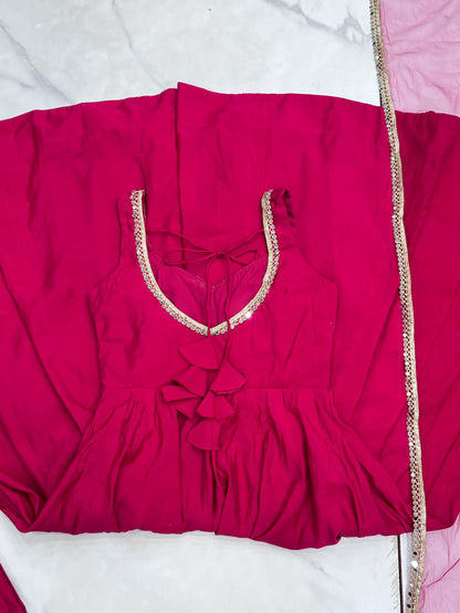 Rani Pink Pure Romansilk Chanderi 3pc Kurta Set