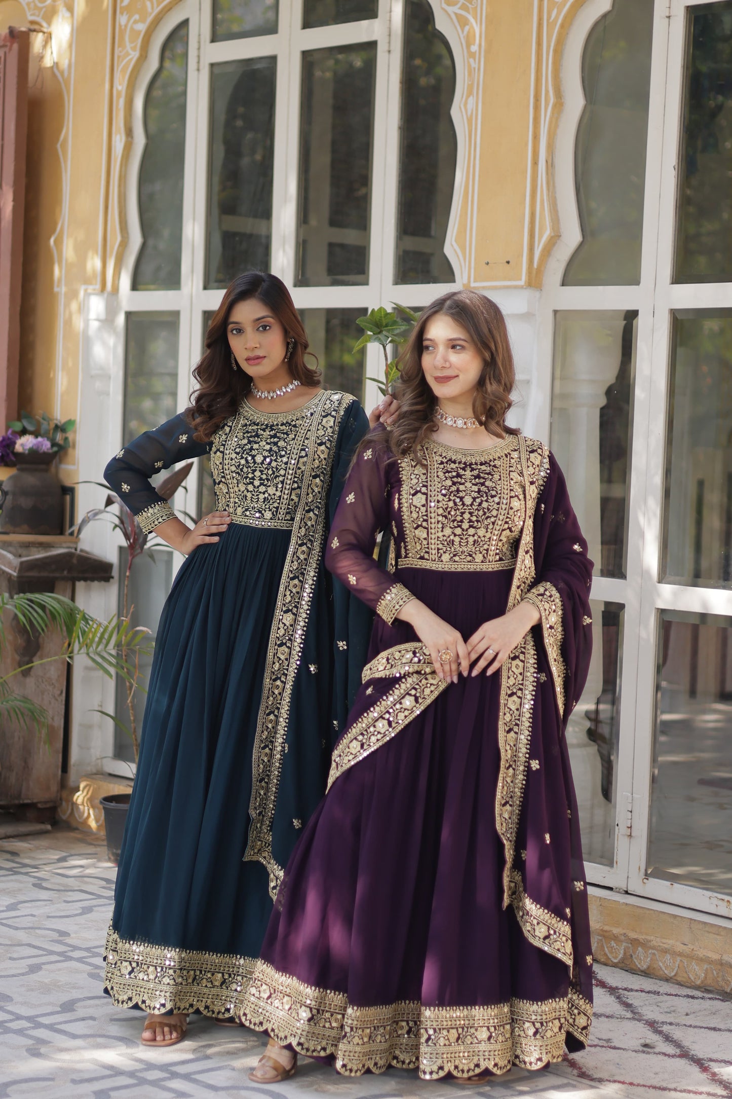 Wine Embroidery Zari Sequins Work Gown With Dupatta