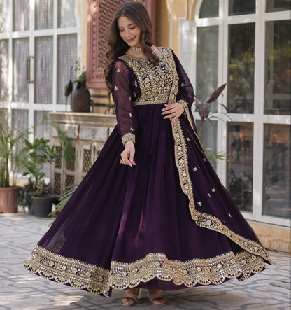 Wine Embroidery Zari Sequins Work Gown With Dupatta