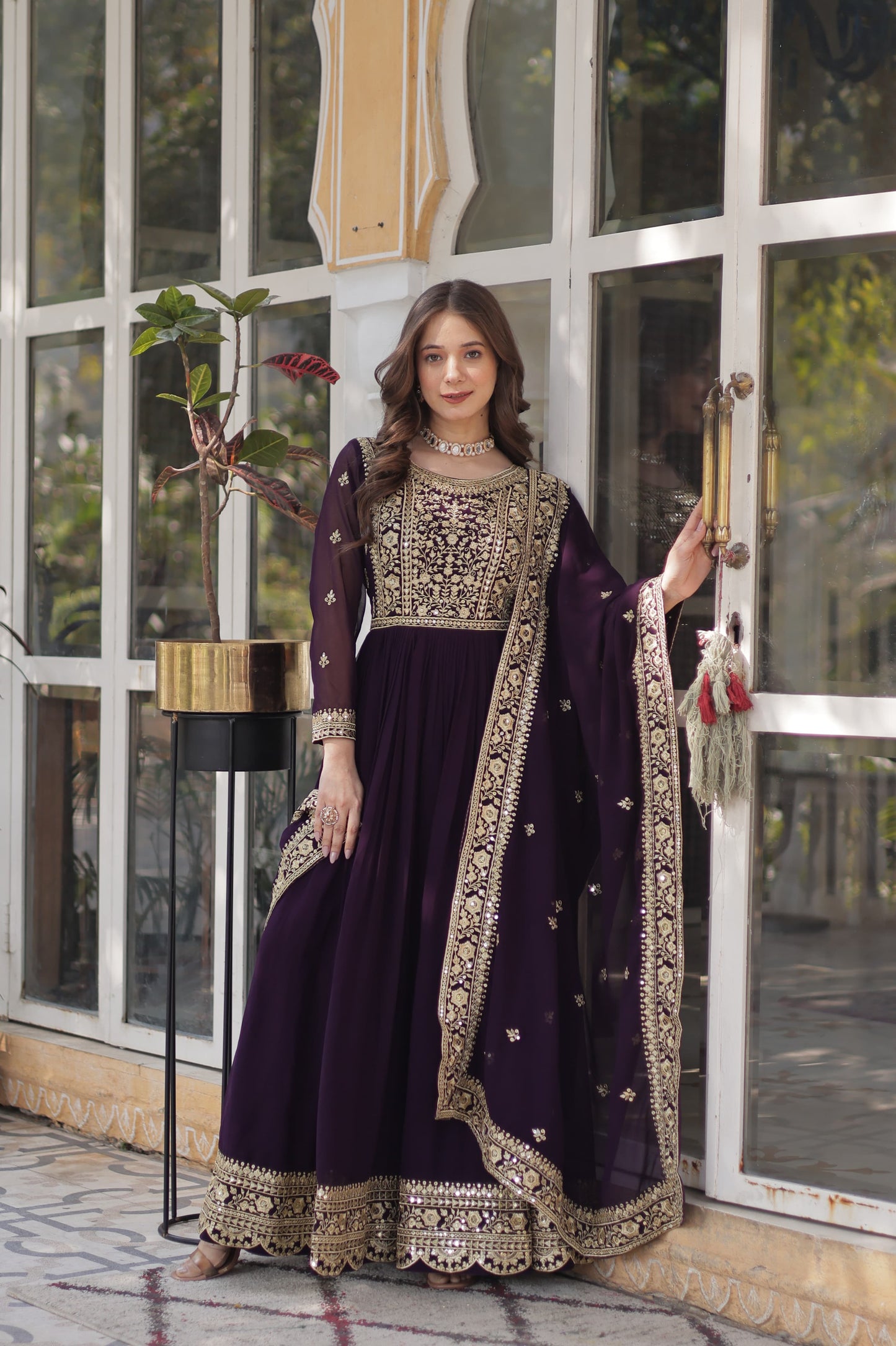 Wine Embroidery Zari Sequins Work Gown With Dupatta