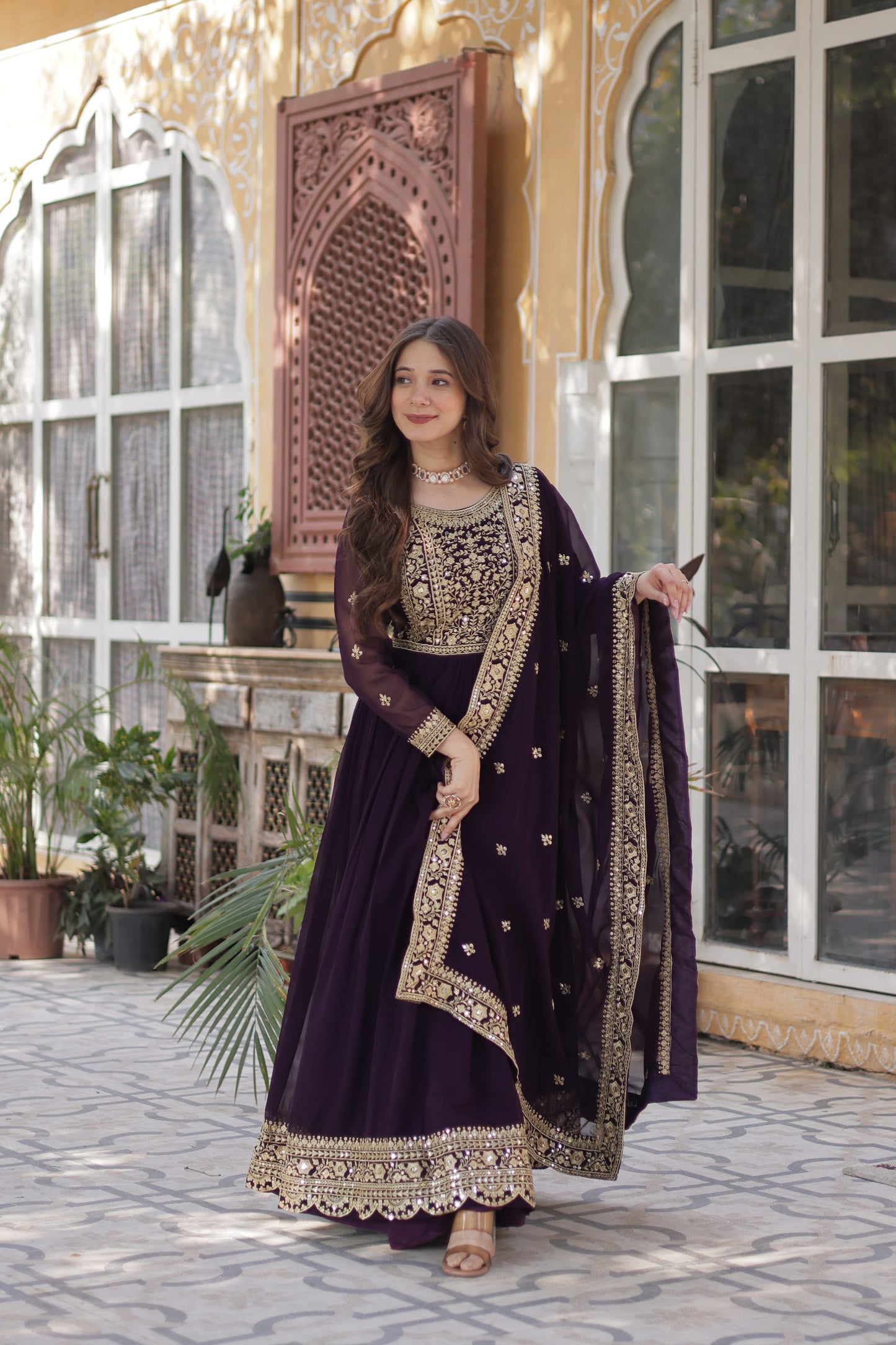 Wine Embroidery Zari Sequins Work Gown With Dupatta