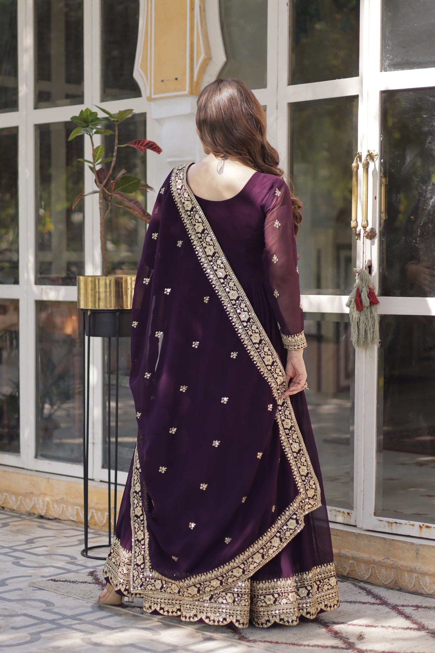 Wine Embroidery Zari Sequins Work Gown With Dupatta