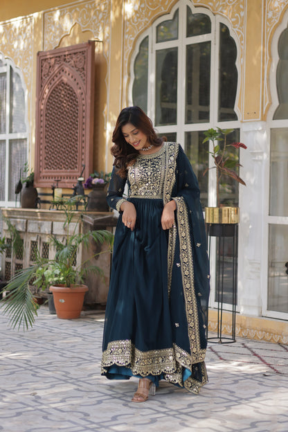 Wine Embroidery Zari Sequins Work Gown With Dupatta
