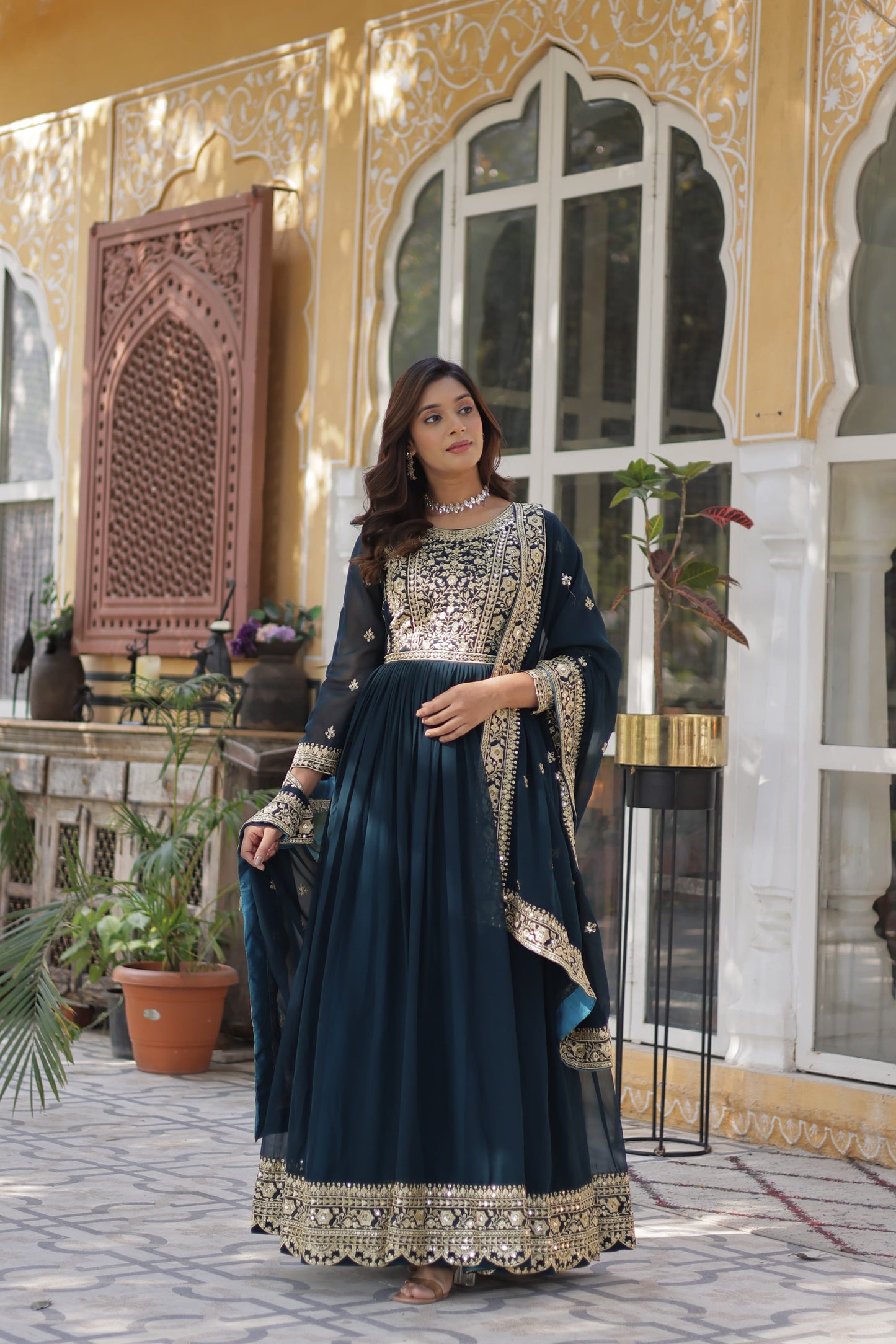 Wine Embroidery Zari Sequins Work Gown With Dupatta