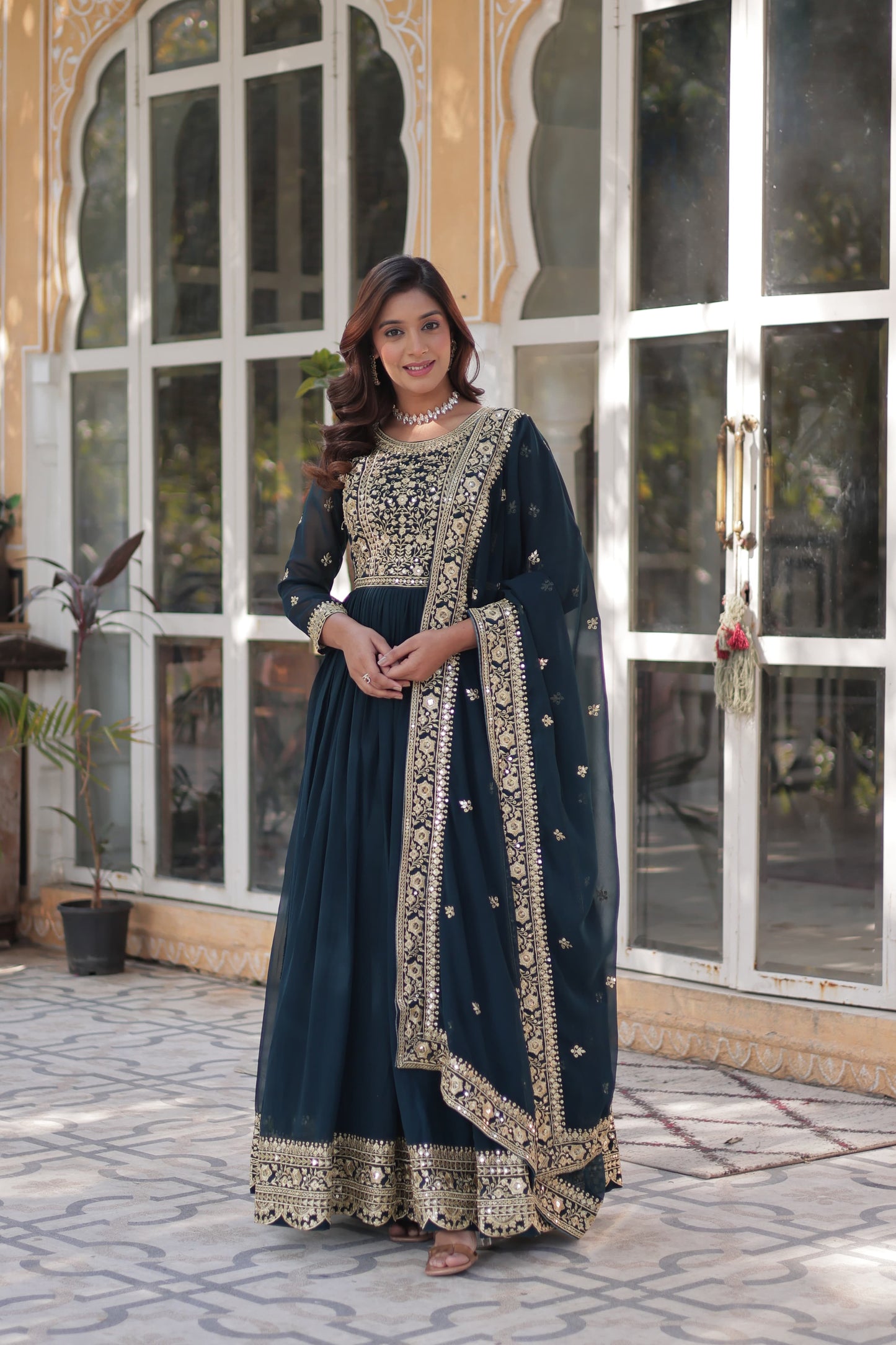 Wine Embroidery Zari Sequins Work Gown With Dupatta