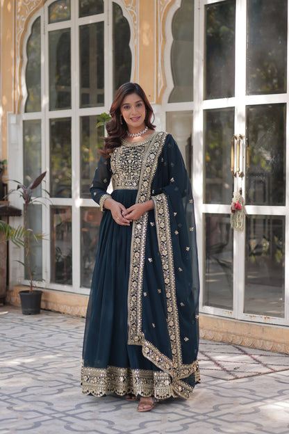 Wine Embroidery Zari Sequins Work Gown With Dupatta