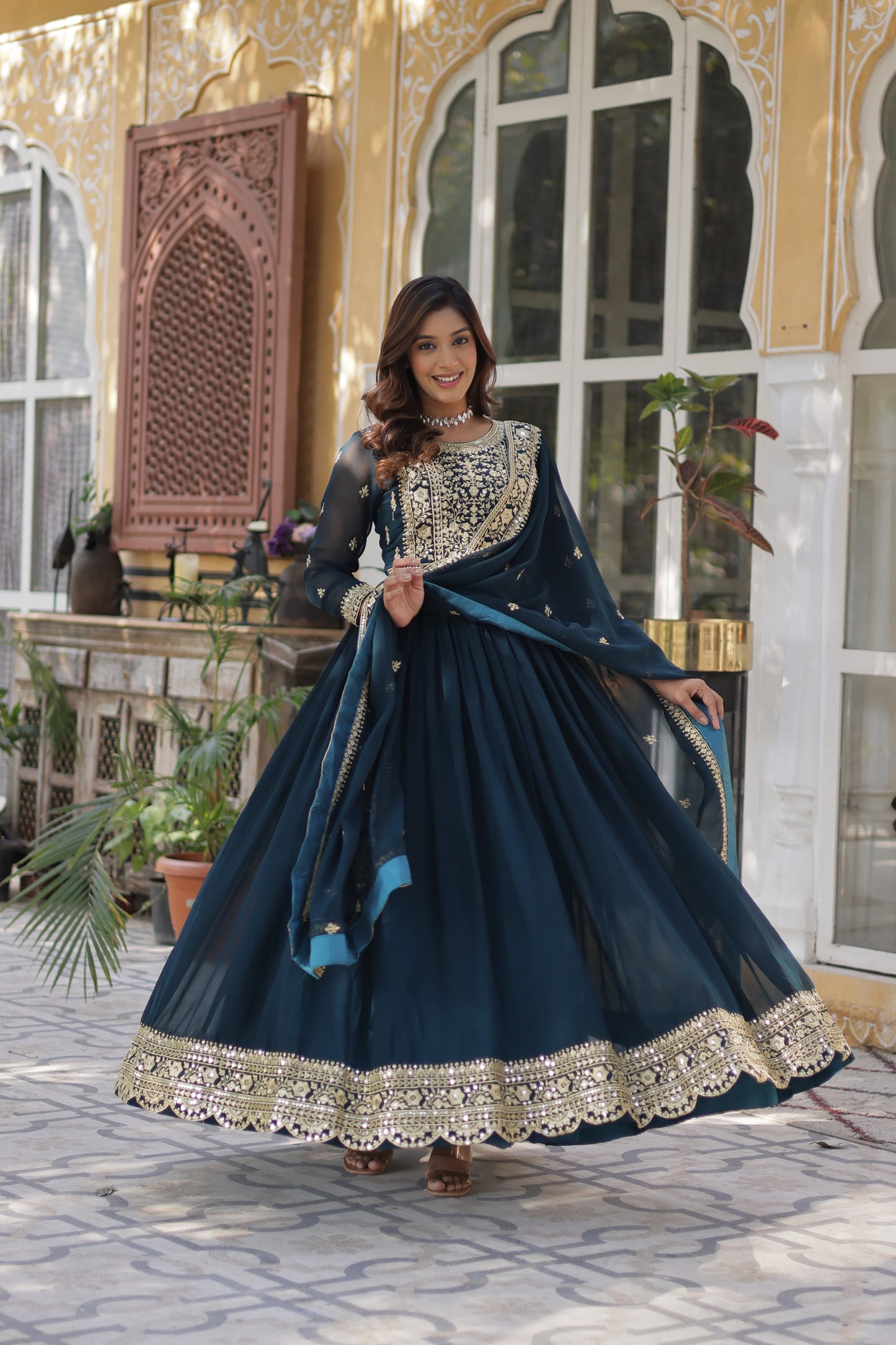 Wine Embroidery Zari Sequins Work Gown With Dupatta