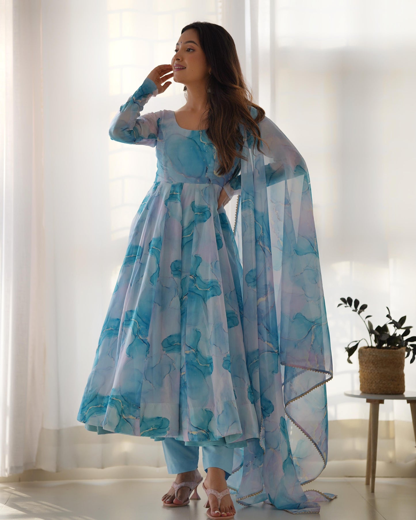 Sky Blue Soft Organza Silk with Marble Print 3pc Kurta Set