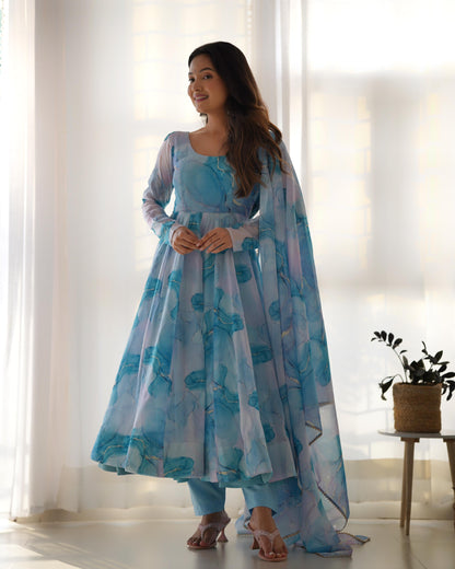 Sky Blue Soft Organza Silk with Marble Print 3pc Kurta Set