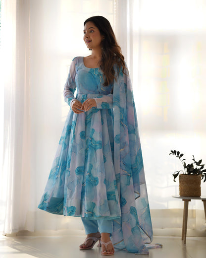 Sky Blue Soft Organza Silk with Marble Print 3pc Kurta Set