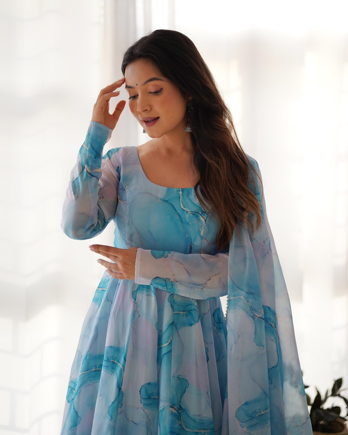 Sky Blue Soft Organza Silk with Marble Print 3pc Kurta Set