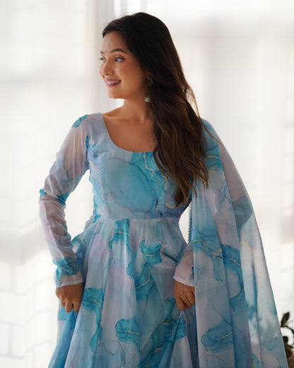 Sky Blue Soft Organza Silk with Marble Print 3pc Kurta Set