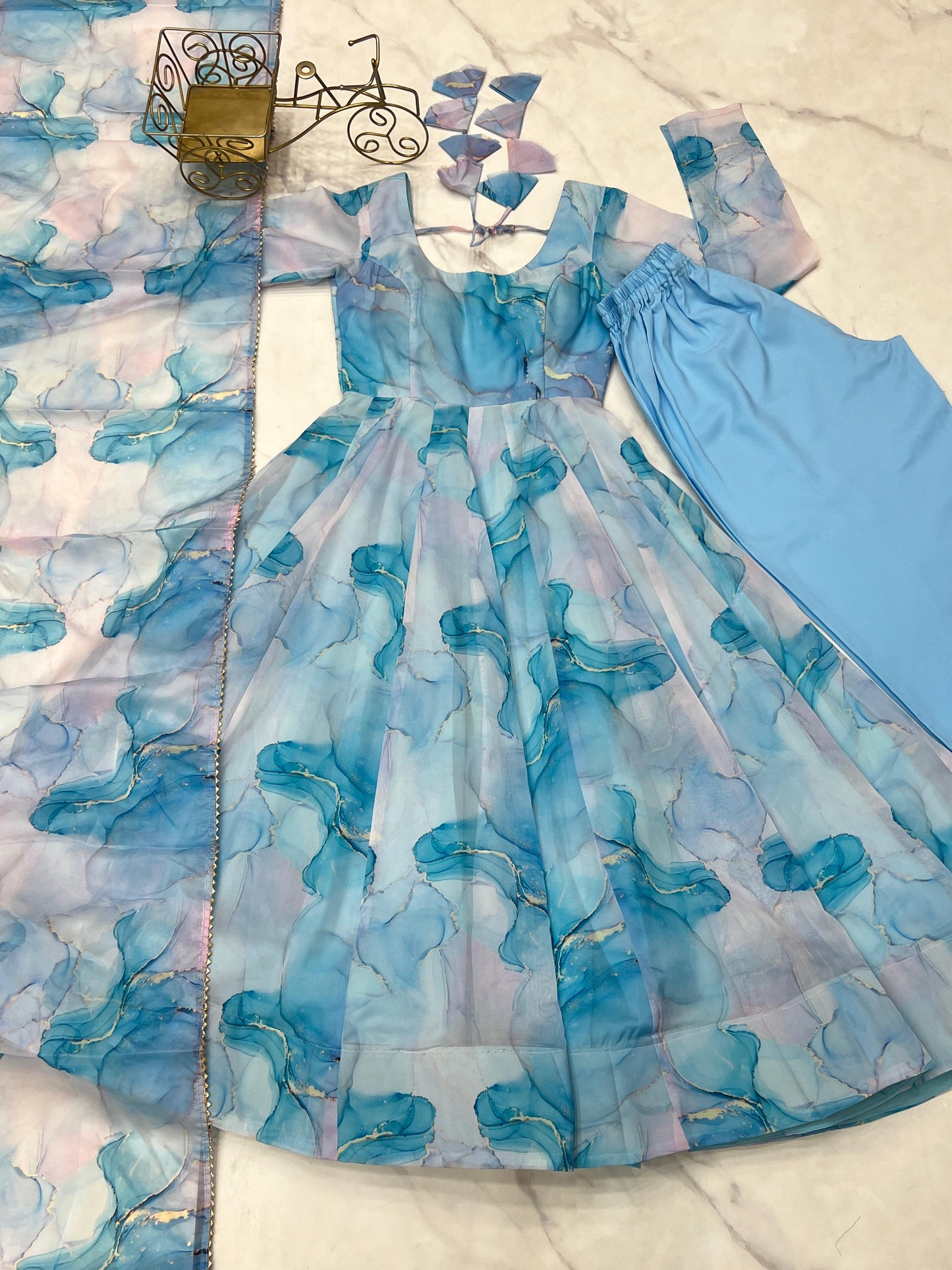 Sky Blue Soft Organza Silk with Marble Print 3pc Kurta Set