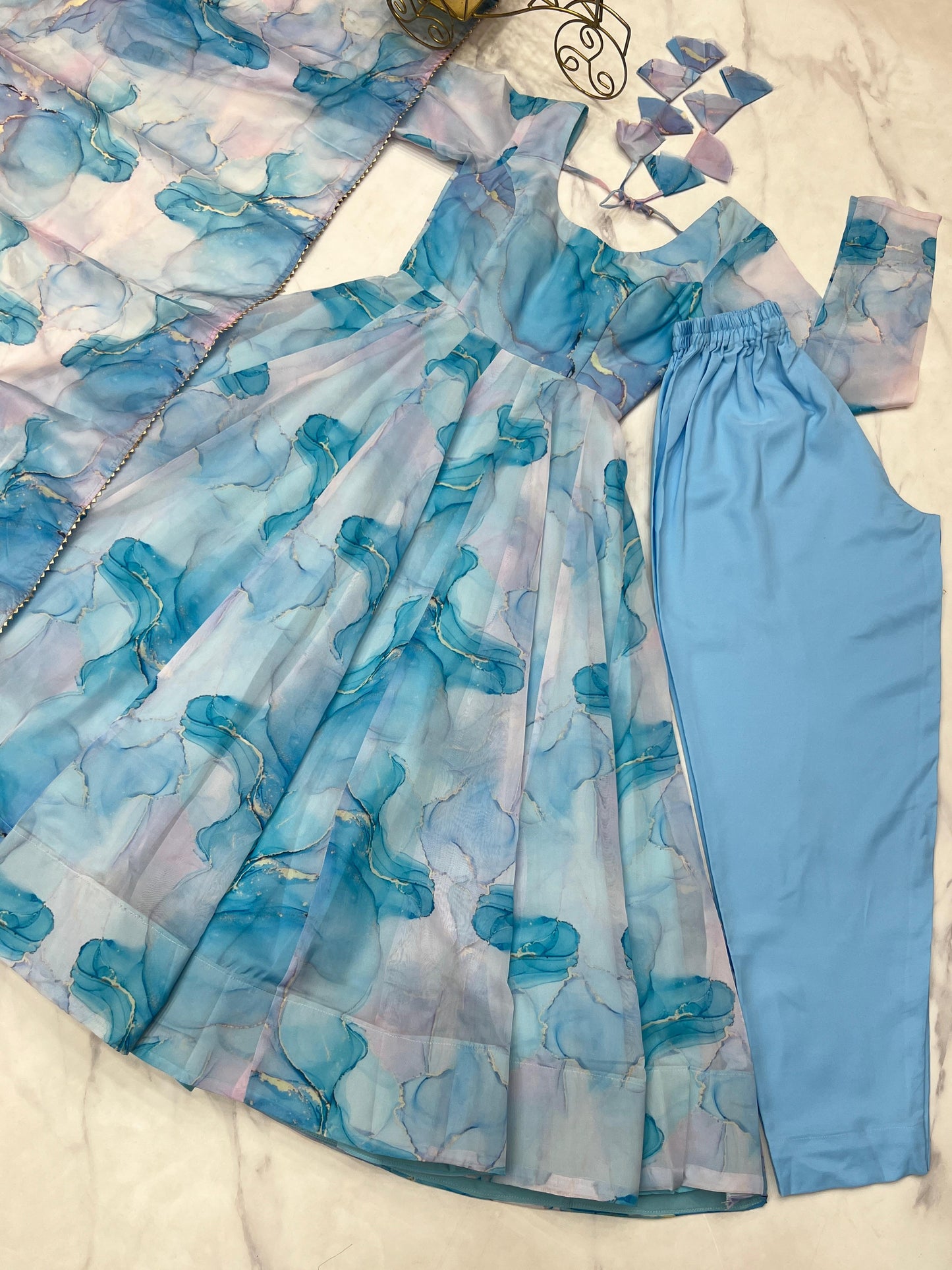 Sky Blue Soft Organza Silk with Marble Print 3pc Kurta Set