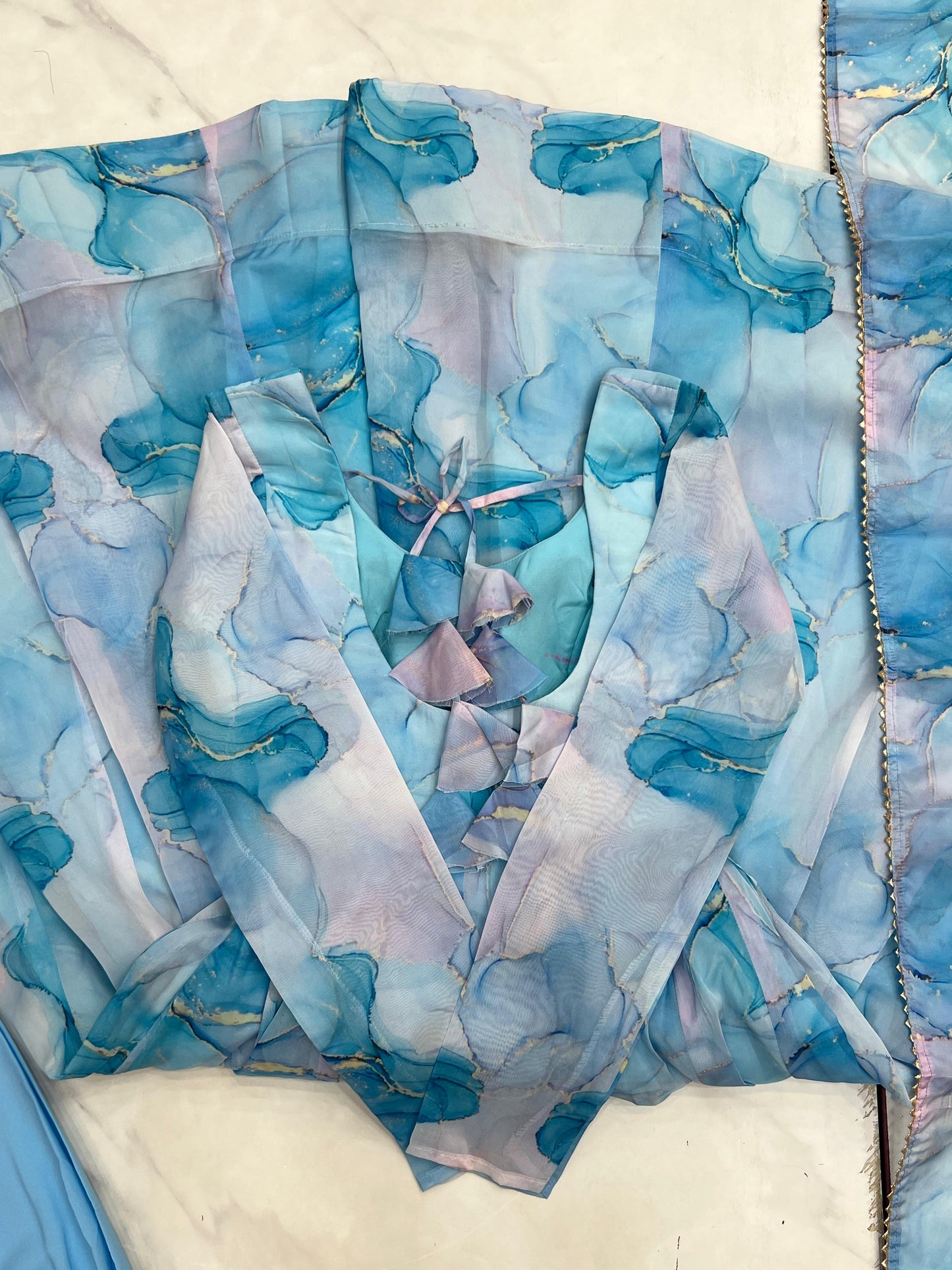 Sky Blue Soft Organza Silk with Marble Print 3pc Kurta Set